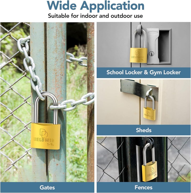 DELSWIN Weatherproof Padlock with Key (Keyed Alike) - Heavy Duty Solid Brass Locker Lock with 1-9/16" Long Shackle, Marine Grade Pad Lock for Outdoor Gate, Fence, Shed (4 Pack) - Image 5